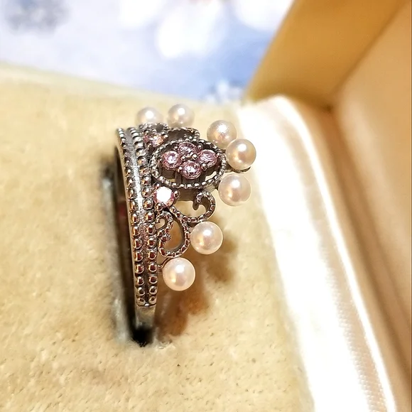 Vintage Pink Sapphire Seed Pearl Crown Ring - Picture 5 of 7
